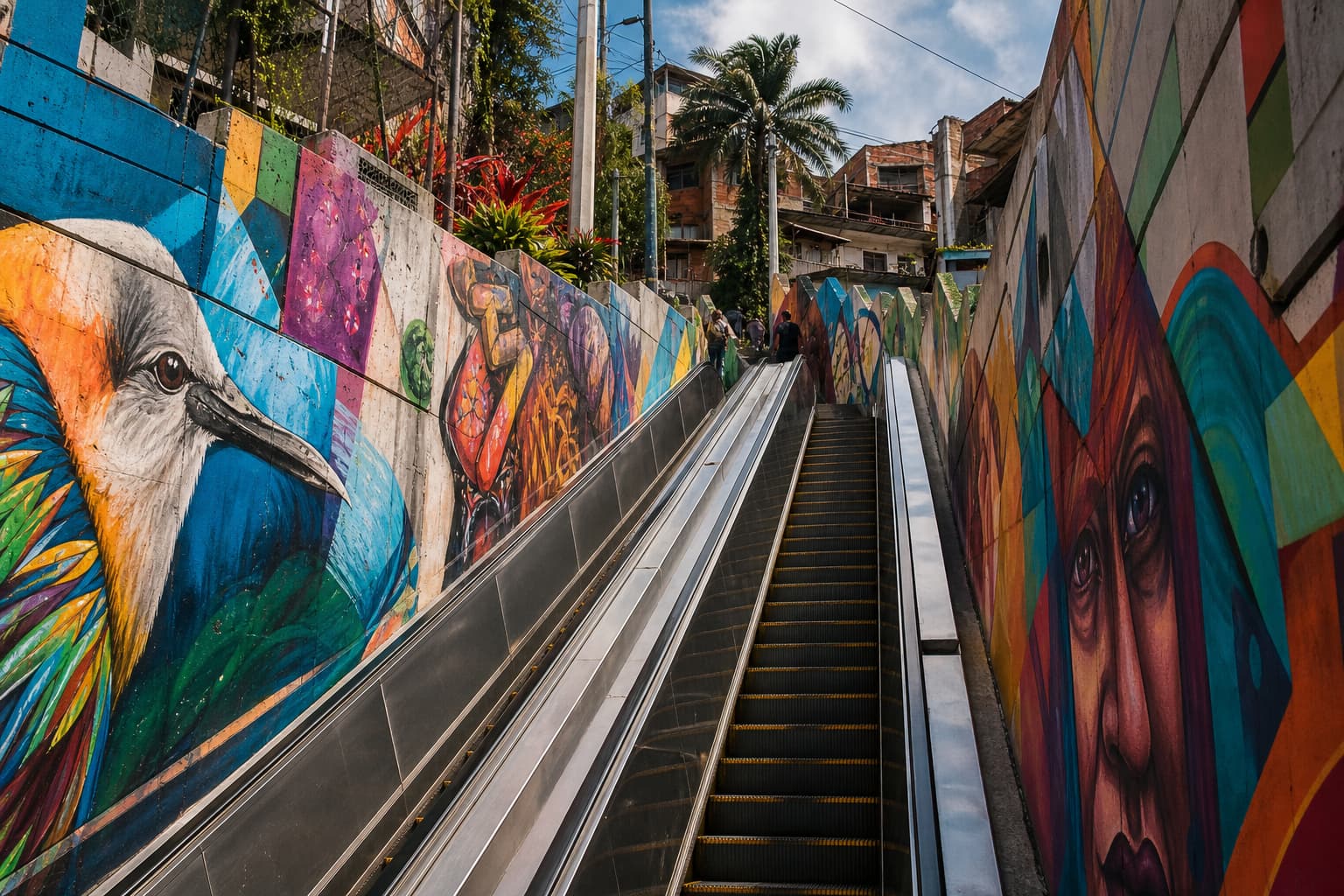 The outdoor escalators of Comuna 13 climbing between mural-covered walls
